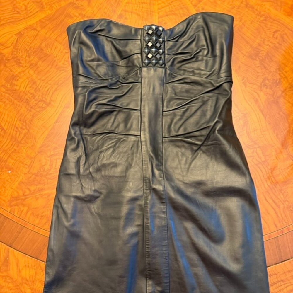 Faith Connexion Strapless Leather Mini Dress – Black Studded Panel Size 4